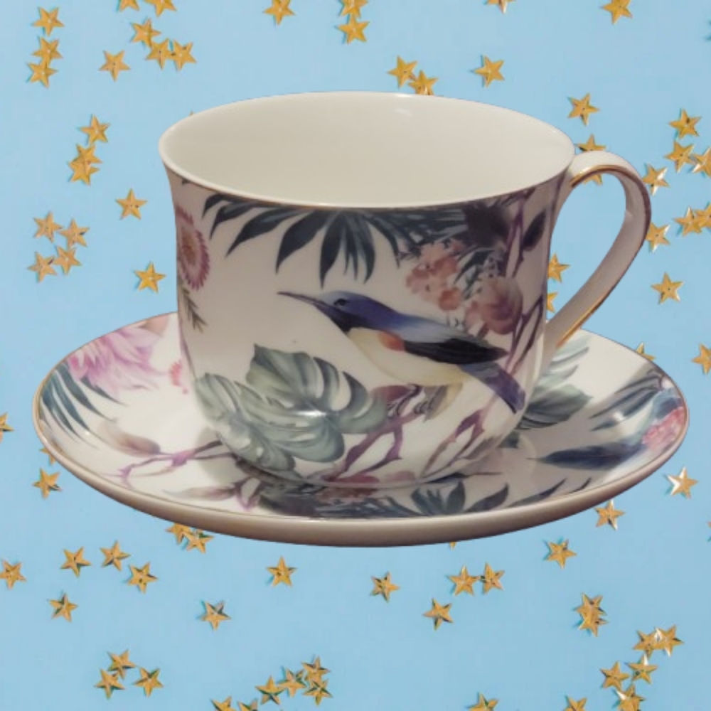Grace Teaware Blue Jay Bird Floral Porcelain Cup & Saucer Coffee Tea Beverage